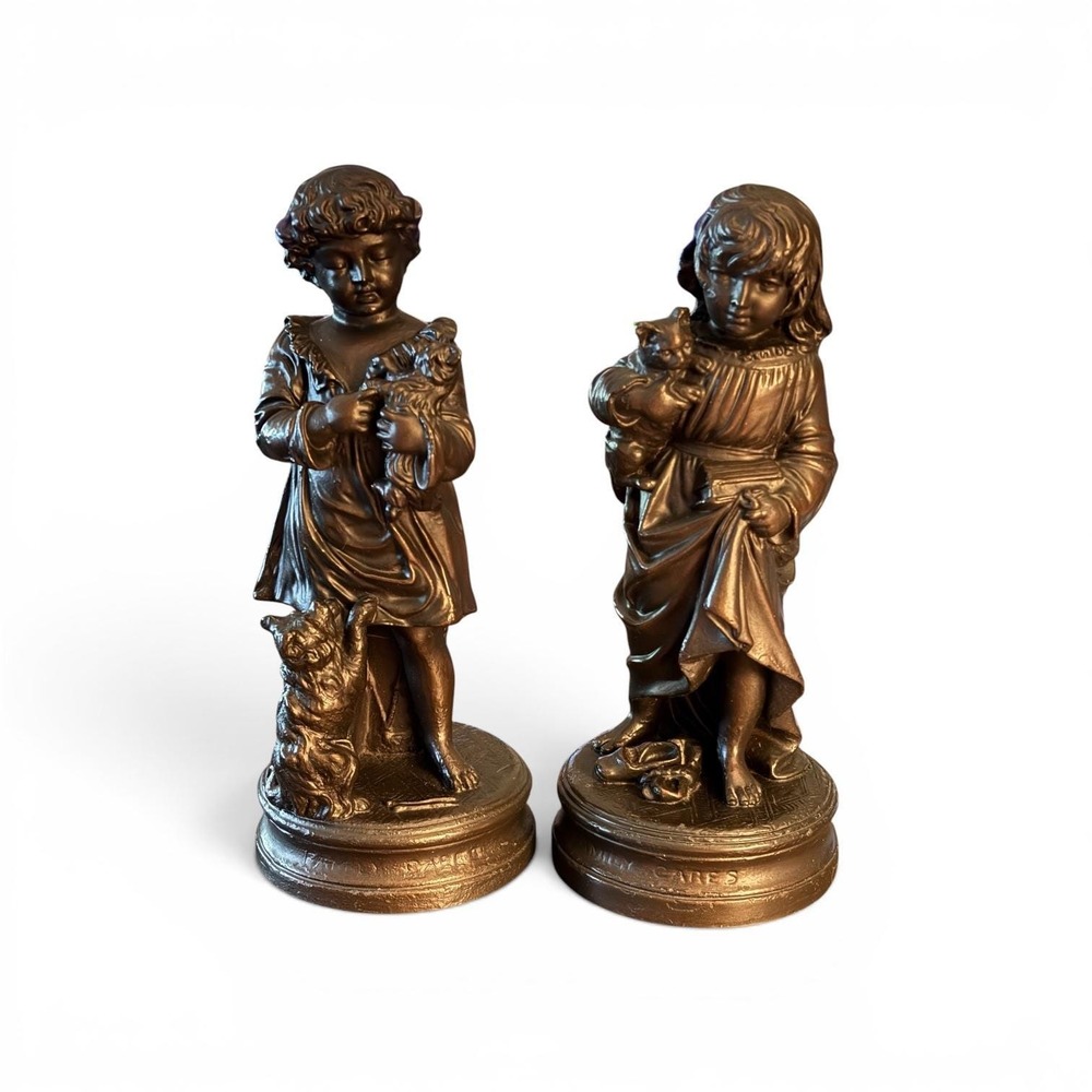 Vintage Pair Bronze Finish Children Figurines Family Cares Boy Girl Statues